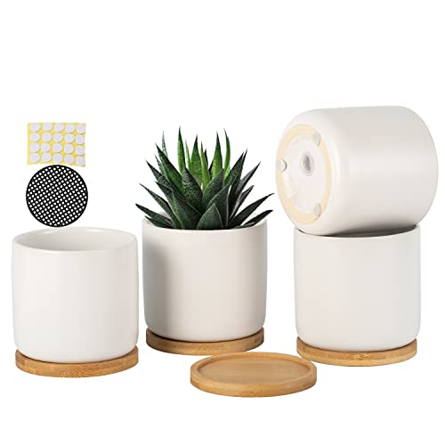 OMAYKEY 4 Inch Ceramic Plant Pot with Bamboo Saucer, White Planters Pots with Drainage Hole and Mesh Pads for Succulent, Snake, Cactus, Herbs - 4 Packs(Plant Not Included)