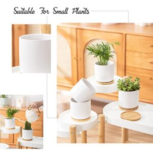 OMAYKEY 4 Inch Ceramic Plant Pot with Bamboo Saucer, White Planters Pots with Drainage Hole and Mesh Pads for Succulent, Snake, Cactus, Herbs - 4 Packs(Plant Not Included)