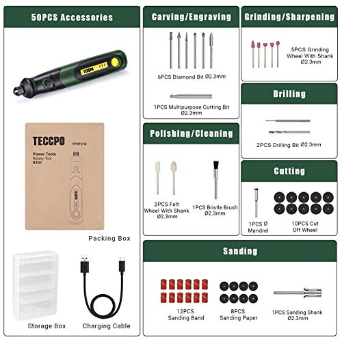 Cordless Rotary Tool TECCPO, 3.7V With 50pcs Accessories, USB Charging Mini Rotary Tool, 3-Speed for Light DIY, Polishing, Cleaning and Engraving