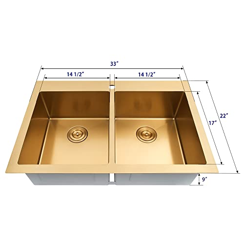 Zeesink Double Bowl Kitchen Sink,Drop in Kitchen Sink 33 X 22 inch,Gold Kitchen Sink,Top Mount Kitchen Sink,16 Gauge Stainless Steel Kitchen Sinks