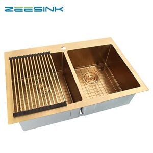 Zeesink Double Bowl Kitchen Sink,Drop in Kitchen Sink 33 X 22 inch,Gold Kitchen Sink,Top Mount Kitchen Sink,16 Gauge Stainless Steel Kitchen Sinks