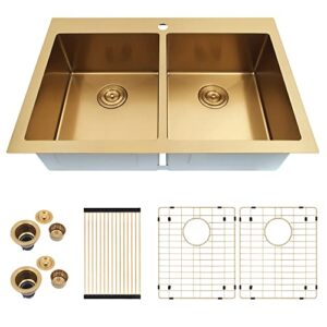 Zeesink Double Bowl Kitchen Sink,Drop in Kitchen Sink 33 X 22 inch,Gold Kitchen Sink,Top Mount Kitchen Sink,16 Gauge Stainless Steel Kitchen Sinks