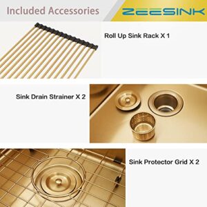 Zeesink Double Bowl Kitchen Sink,Drop in Kitchen Sink 33 X 22 inch,Gold Kitchen Sink,Top Mount Kitchen Sink,16 Gauge Stainless Steel Kitchen Sinks