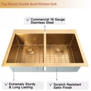 Zeesink Double Bowl Kitchen Sink,Drop in Kitchen Sink 33 X 22 inch,Gold Kitchen Sink,Top Mount Kitchen Sink,16 Gauge Stainless Steel Kitchen Sinks