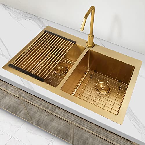 Zeesink Double Bowl Kitchen Sink,Drop in Kitchen Sink 33 X 22 inch,Gold Kitchen Sink,Top Mount Kitchen Sink,16 Gauge Stainless Steel Kitchen Sinks