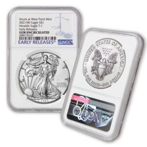 2021 (w) 1 oz american silver eagle coin gem uncirculated (heraldic eagle t-1 - early releases - struck at west point mint) $1 gemunc ngc