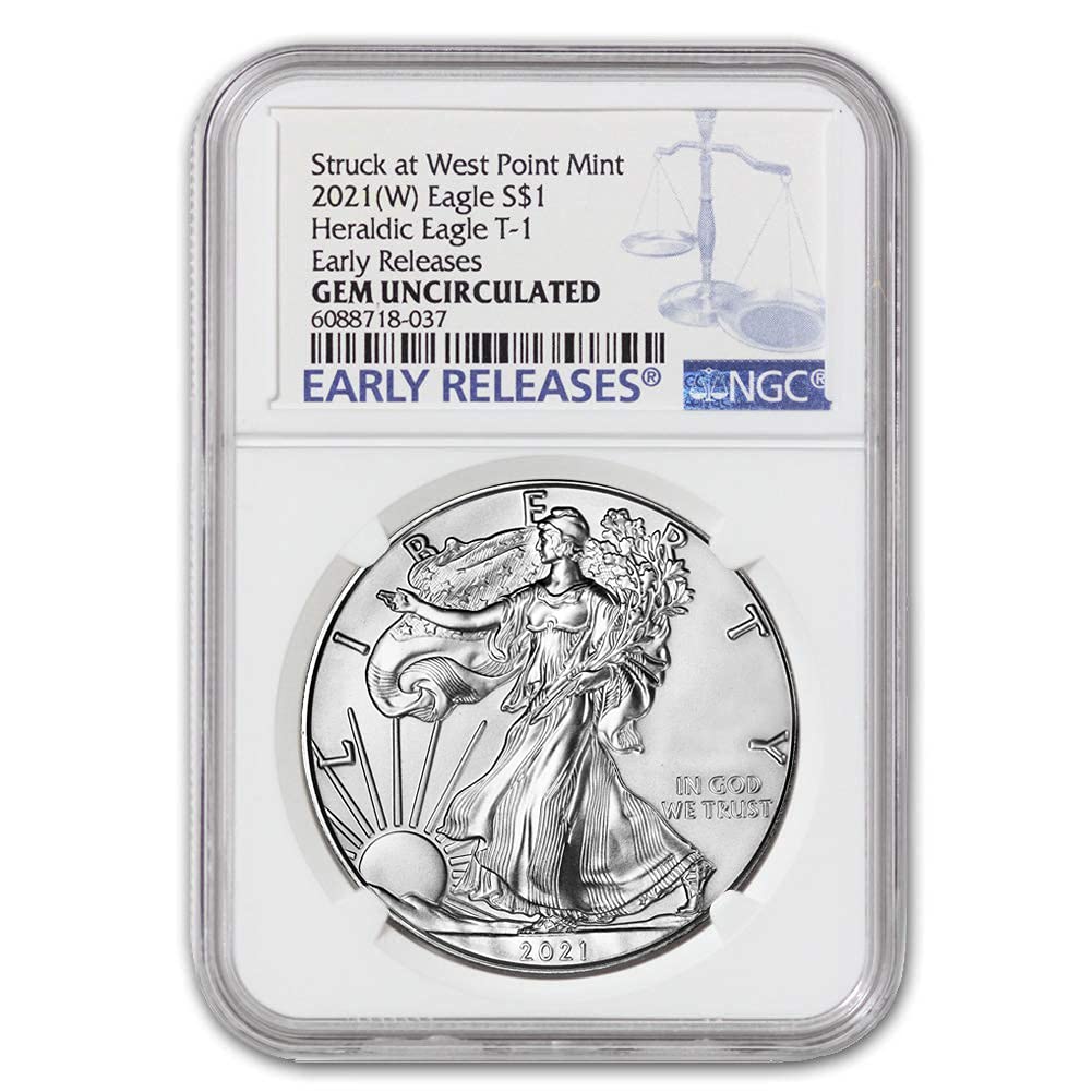 2021 (W) 1 oz American Silver Eagle Coin Gem Uncirculated (Heraldic Eagle T-1 - Early Releases - Struck at West Point Mint) $1 GEMUNC NGC