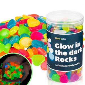 graham products 190 pieces glow in the dark rocks | indoor & outdoor use - garden, fish tank pebbles, planter, walkway decoration & more | for kids aged 6 & up | powered by sunlight - multi-colored