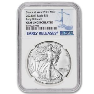 MINT STATE GOLD 2023 (W) 1 oz American Silver Eagle Bullion Coin Gem Uncirculated (Early Releases - Struck at West Point Mint) $1 NGC GEMUNC