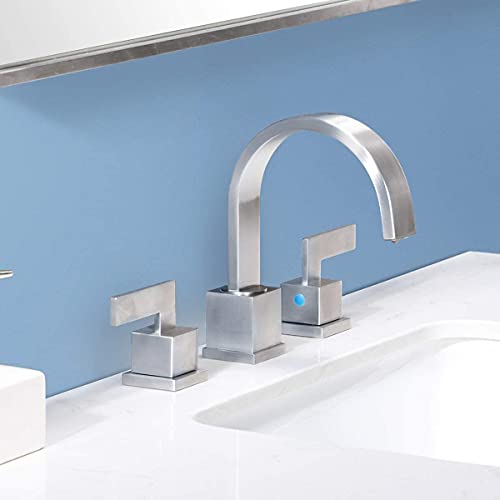 Friho Modern 2 Handle 3 Hole Stainless Steel Brushed Nickel Widespread Bathroom Faucet, 8 inch Bathroom Sink Faucet Lavatory Vanity Faucet with Pop Up Drain and Water Supply Lines