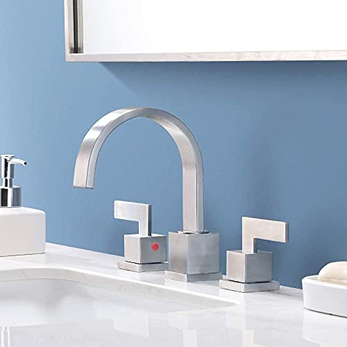 Friho Modern 2 Handle 3 Hole Stainless Steel Brushed Nickel Widespread Bathroom Faucet, 8 inch Bathroom Sink Faucet Lavatory Vanity Faucet with Pop Up Drain and Water Supply Lines
