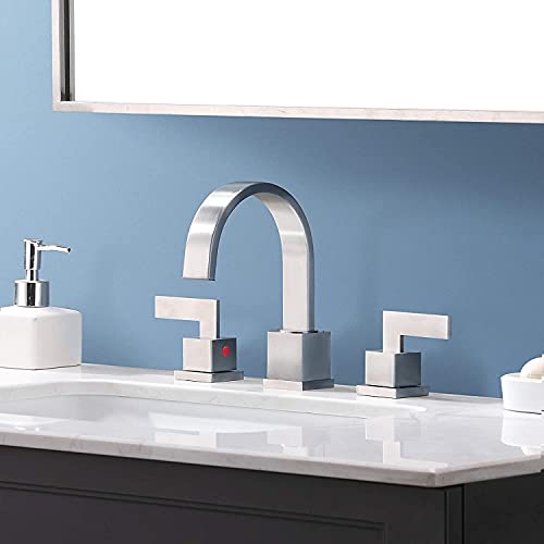 Friho Modern 2 Handle 3 Hole Stainless Steel Brushed Nickel Widespread Bathroom Faucet, 8 inch Bathroom Sink Faucet Lavatory Vanity Faucet with Pop Up Drain and Water Supply Lines