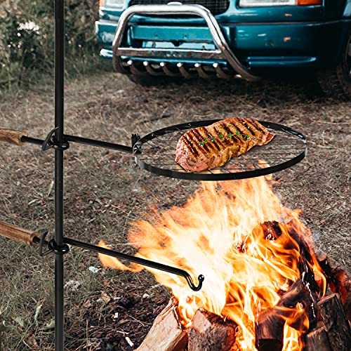 OKL Adjustable Swivel Campfire Grill Grate, Portable Heavy Duty Steel Go Open Fire Cooking Camping Grill Barbecue with Water Bottle Support Frame for Griddle Plate BBQ (18 Inch)