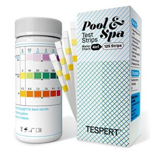 pool and spa test strips - hot tub test strips - 4 way quick & accurate chlorine test strips - 125 pcs test hardness, bromine, ph, free chlorine, total chlorine and total alkalinity - tespert