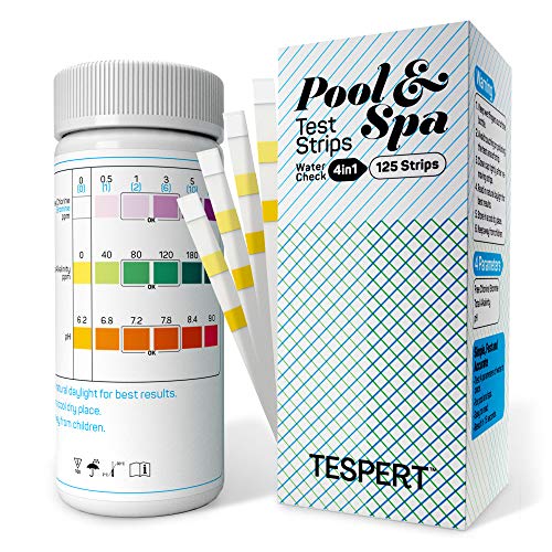 Pool and Spa Test Strips - Hot Tub Test Strips - 4 Way Quick & Accurate Chlorine Test Strips - 125 Pcs Test Hardness, Bromine, pH, Free Chlorine, Total Chlorine and Total Alkalinity - TESPERT