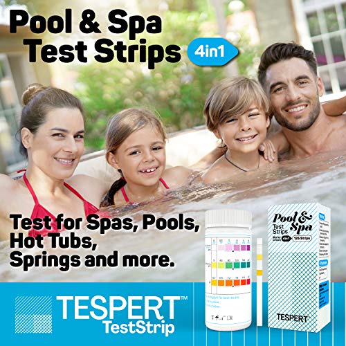 Pool and Spa Test Strips - Hot Tub Test Strips - 4 Way Quick & Accurate Chlorine Test Strips - 125 Pcs Test Hardness, Bromine, pH, Free Chlorine, Total Chlorine and Total Alkalinity - TESPERT