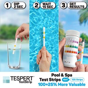 Pool and Spa Test Strips - Hot Tub Test Strips - 4 Way Quick & Accurate Chlorine Test Strips - 125 Pcs Test Hardness, Bromine, pH, Free Chlorine, Total Chlorine and Total Alkalinity - TESPERT