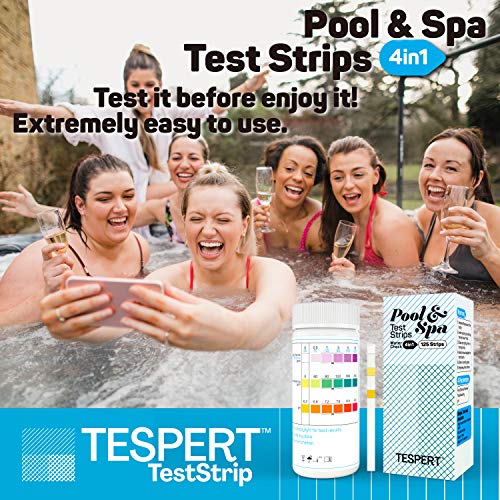 Pool and Spa Test Strips - Hot Tub Test Strips - 4 Way Quick & Accurate Chlorine Test Strips - 125 Pcs Test Hardness, Bromine, pH, Free Chlorine, Total Chlorine and Total Alkalinity - TESPERT