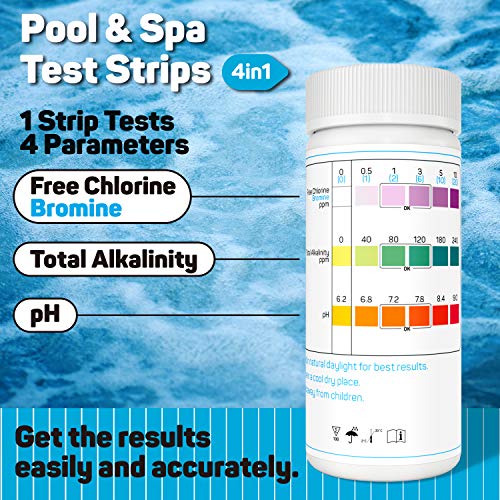 Pool and Spa Test Strips - Hot Tub Test Strips - 4 Way Quick & Accurate Chlorine Test Strips - 125 Pcs Test Hardness, Bromine, pH, Free Chlorine, Total Chlorine and Total Alkalinity - TESPERT