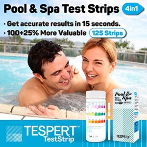 Pool and Spa Test Strips - Hot Tub Test Strips - 4 Way Quick & Accurate Chlorine Test Strips - 125 Pcs Test Hardness, Bromine, pH, Free Chlorine, Total Chlorine and Total Alkalinity - TESPERT