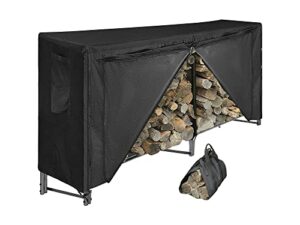 bluehome 8ft heavy duty indoor outdoor firewood storage - log rack with waterproof cover and log carrier combo – black steel tubular log holder for fire pits and fireplaces – easy to assemble