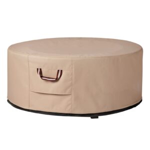 qh.home fire pit cover 48 inch round - heavy duty 900d strong tear-resistant and uv resistant and waterproof and fading resistant material polyester firepit covers round for outdoor fire pit - wheat