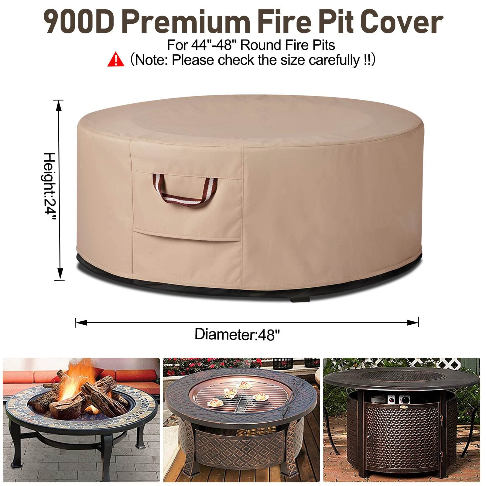 QH.HOME Fire Pit Cover 48 Inch Round - Heavy Duty 900D Strong Tear-Resistant and UV Resistant and Waterproof and Fading Resistant Material Polyester Firepit Covers Round for Outdoor Fire Pit - Wheat