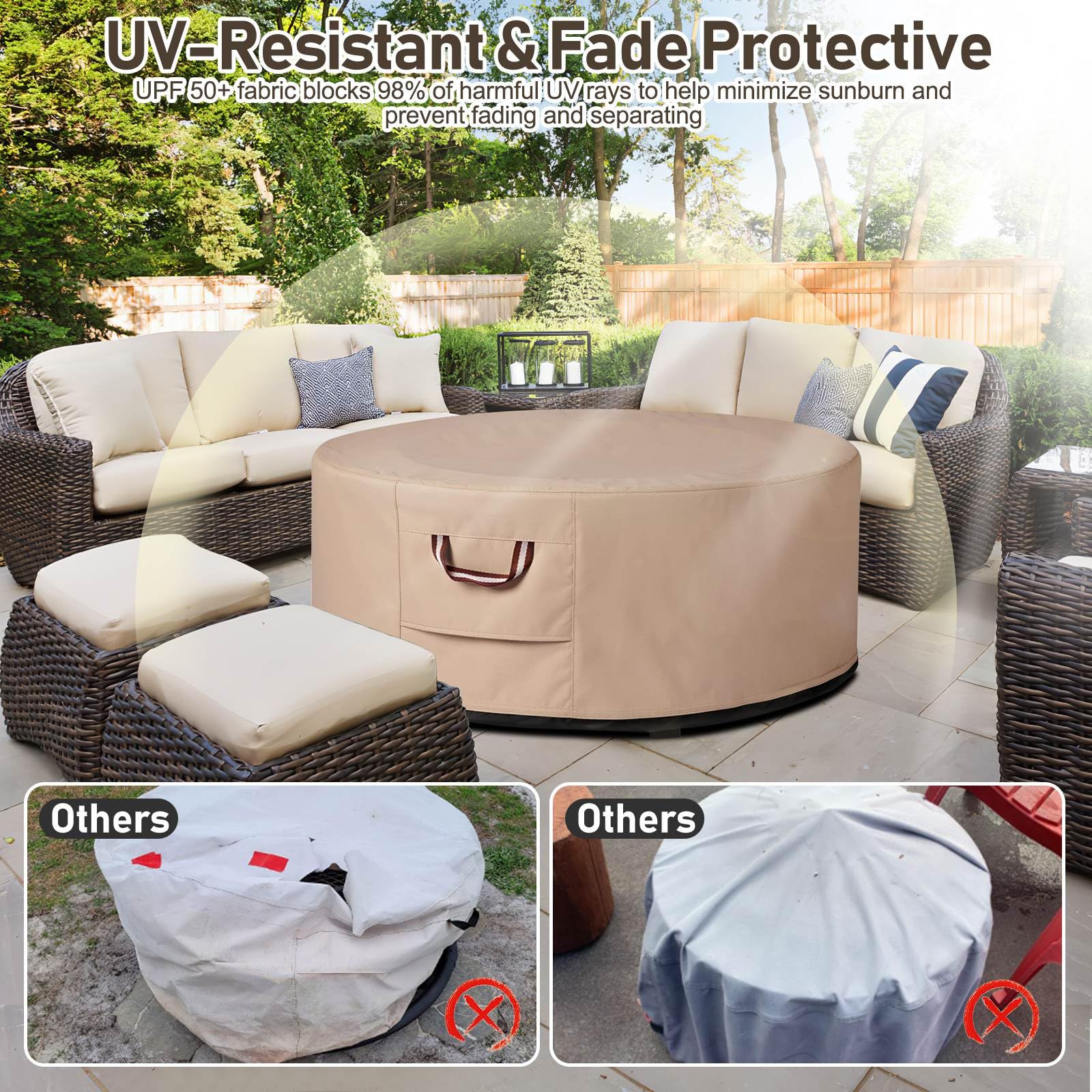 QH.HOME Fire Pit Cover 48 Inch Round - Heavy Duty 900D Strong Tear-Resistant and UV Resistant and Waterproof and Fading Resistant Material Polyester Firepit Covers Round for Outdoor Fire Pit - Wheat