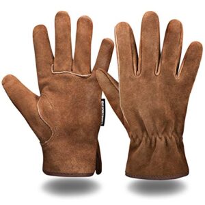coreground leather safety work gloves gardening carpenter thorn proof truck driving for mens and womens waterproof heavy duty (large, brown)