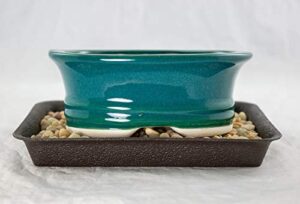 5.75" oval teal green shohin bonsai/succulent pot + tray + rock + mesh combo