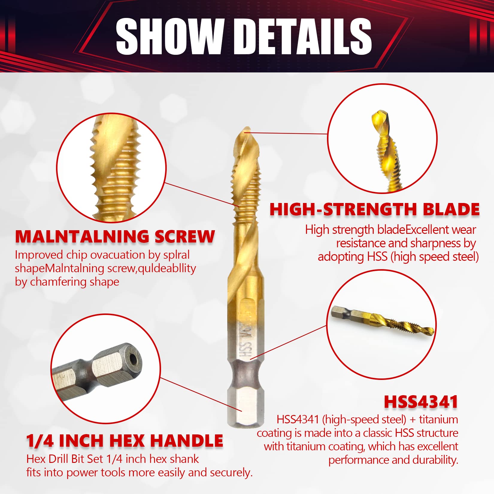 wesleydrill Titanium Combination Tap Drill Bit Set 6 Pcs Screw Tapping Bit Multi-Function Bit Set Fit for Light Metal Aluminum Board Iron etc