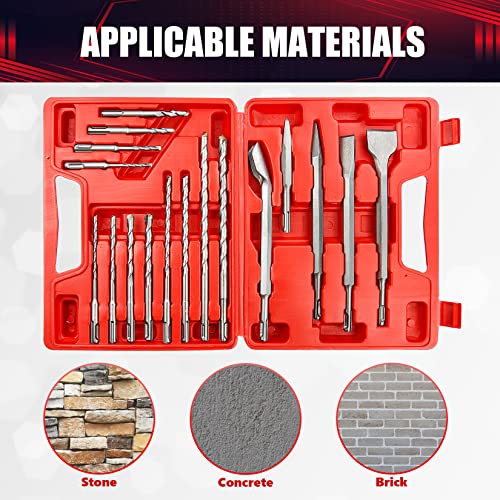 wesleydrill 17PCS Rotary Hammer & Chisels Masonry Drill Bit Set, SDS Plus Drill Bits Set, Fit for Drilling and Cutting in Concrete,Brick,Walls