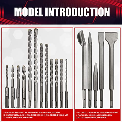 wesleydrill 17PCS Rotary Hammer & Chisels Masonry Drill Bit Set, SDS Plus Drill Bits Set, Fit for Drilling and Cutting in Concrete,Brick,Walls