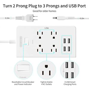 Rotating Plug 2 Prong Power Strip Surge Protector, NTONPOWER Two Prong Extension Cord 15 ft, 2 Prong to 3 Prong Outlet Adapter, 4 Outlets 4 USB Ports,Non-Grounded Outlets Ideal for Old House, White