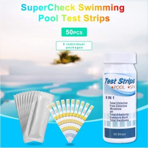 SuperCheck 6 Ways Pool Testing Strips, 7 Parameters, 100 Count, Pool Chemical Testing Kit for Chlorine, Bromine, pH, Alkalinity, Cyanuric Acid and Hardness, Pool and Spa Test Strips, Pool Water Tester