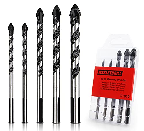 wesleydrill Masonry Drill Bit Set 5 pcs 1/4"-1/2" Concrete Drill Bit Set Fit for Home DIY Building and Engineering Suitable for Electric Drill or Professional Drill