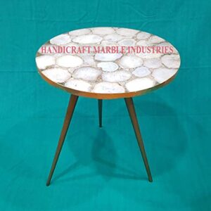 18" Inch (Customize Sizes) Round Natural White Agate Coffee Table with Gold or Silver Foil coated borders with Metal Base, Agate Table, Stone Coffee Table, Agate Table Top, Agate Round Coffee Table