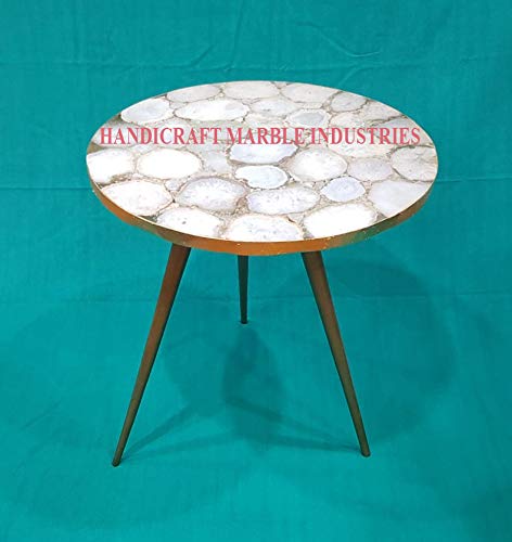 18" Inch (Customize Sizes) Round Natural White Agate Coffee Table with Gold or Silver Foil coated borders with Metal Base, Agate Table, Stone Coffee Table, Agate Table Top, Agate Round Coffee Table