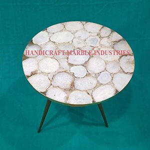 18" Inch (Customize Sizes) Round Natural White Agate Coffee Table with Gold or Silver Foil coated borders with Metal Base, Agate Table, Stone Coffee Table, Agate Table Top, Agate Round Coffee Table