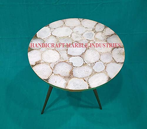 18" Inch (Customize Sizes) Round Natural White Agate Coffee Table with Gold or Silver Foil coated borders with Metal Base, Agate Table, Stone Coffee Table, Agate Table Top, Agate Round Coffee Table