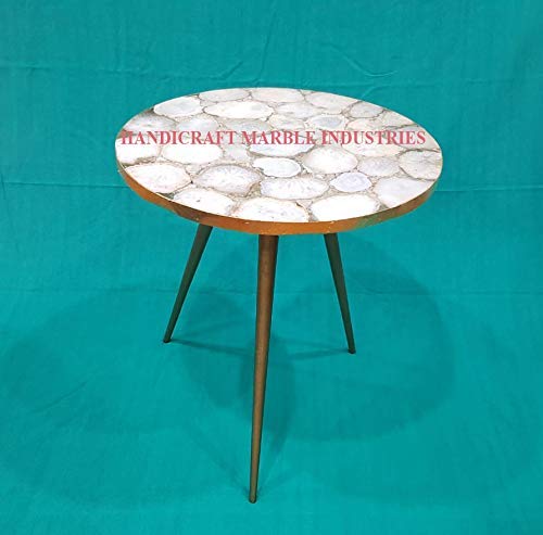 18" Inch (Customize Sizes) Round Natural White Agate Coffee Table with Gold or Silver Foil coated borders with Metal Base, Agate Table, Stone Coffee Table, Agate Table Top, Agate Round Coffee Table