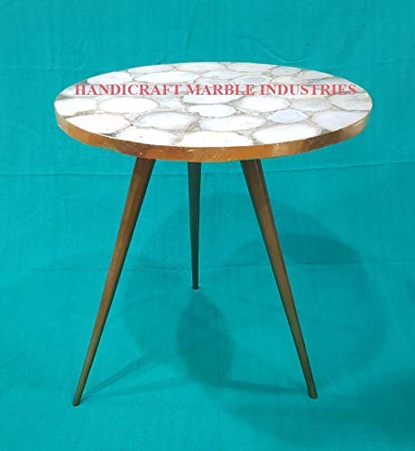 18" Inch (Customize Sizes) Round Natural White Agate Coffee Table with Gold or Silver Foil coated borders with Metal Base, Agate Table, Stone Coffee Table, Agate Table Top, Agate Round Coffee Table