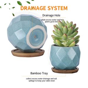 Brightdeco Ceramic Succulent Plant Pots Set of 6 - Small Succulent Pots with Drainage Hole Mini Pots for Indoor Plants Ceramic Planter with Bamboo Saucers Home Decor Rhombic