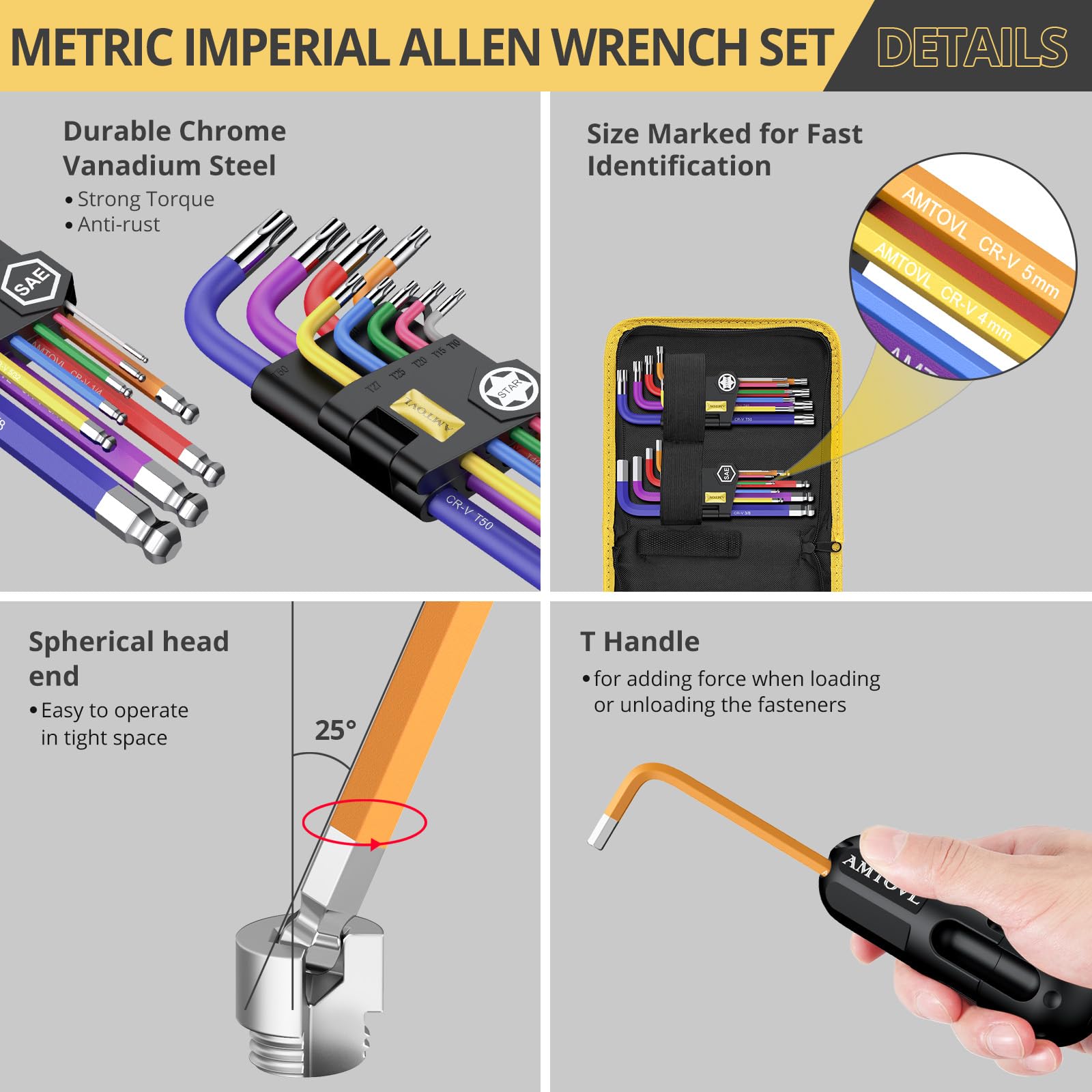 AMTOVL 27PCS Allen Key Set, Metric & SAE Allen Wrench Set, Extra Long Ball & Star End Hex Keys with T-Handle & Color Coding for Bicycle, Household DIY