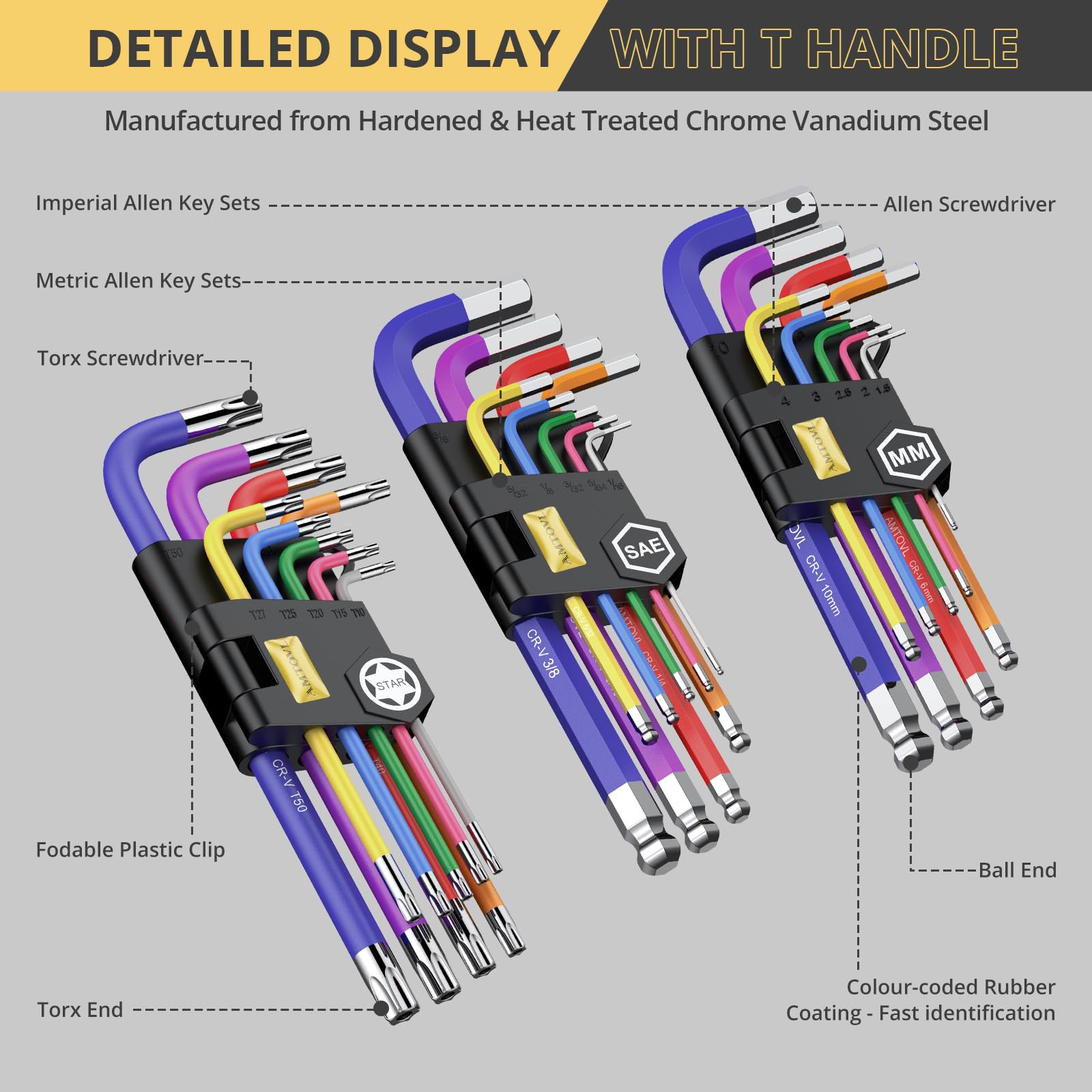 AMTOVL 27PCS Allen Key Set, Metric & SAE Allen Wrench Set, Extra Long Ball & Star End Hex Keys with T-Handle & Color Coding for Bicycle, Household DIY