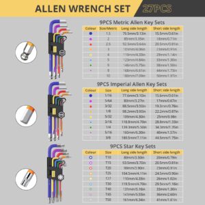 AMTOVL 27PCS Allen Key Set, Metric & SAE Allen Wrench Set, Extra Long Ball & Star End Hex Keys with T-Handle & Color Coding for Bicycle, Household DIY