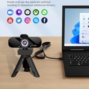Full HD Webcam with Built-in Microphone and Rotatable Tripod, 1080P Video and Wide Angle Camera, Privacy Cover, for Desktop PC or Laptop Computer (Webcam with USB Cable)