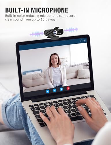 Full HD Webcam with Built-in Microphone and Rotatable Tripod, 1080P Video and Wide Angle Camera, Privacy Cover, for Desktop PC or Laptop Computer (Webcam with USB Cable)