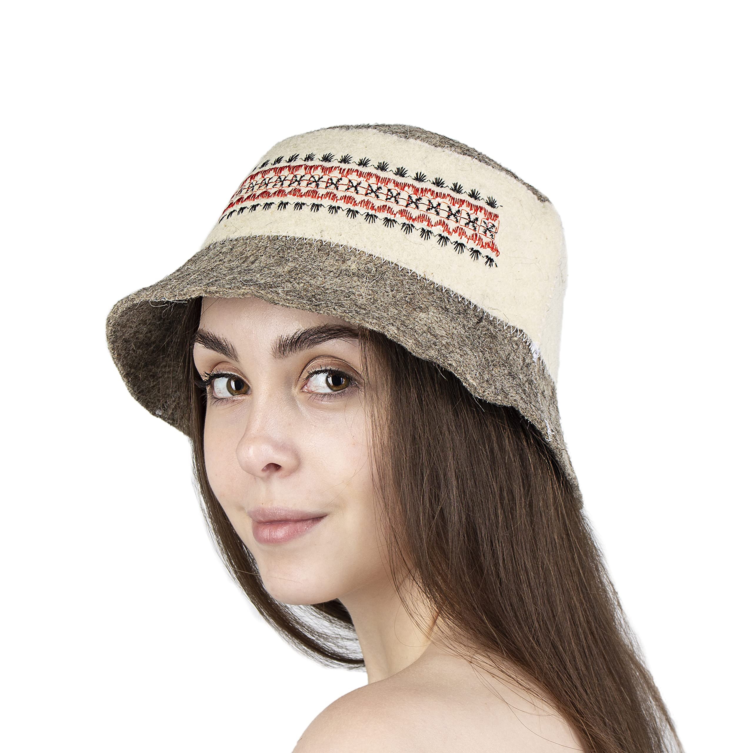 SHSH trade group Ukrainian Wool Sauna Hat Embroidered Ornament Vyshyvanka - Sauna Hat Finnish Ukraine Sauna Hat Wool Russian Banya Sauna Hat for Men Sauna Hats Beige and Gray