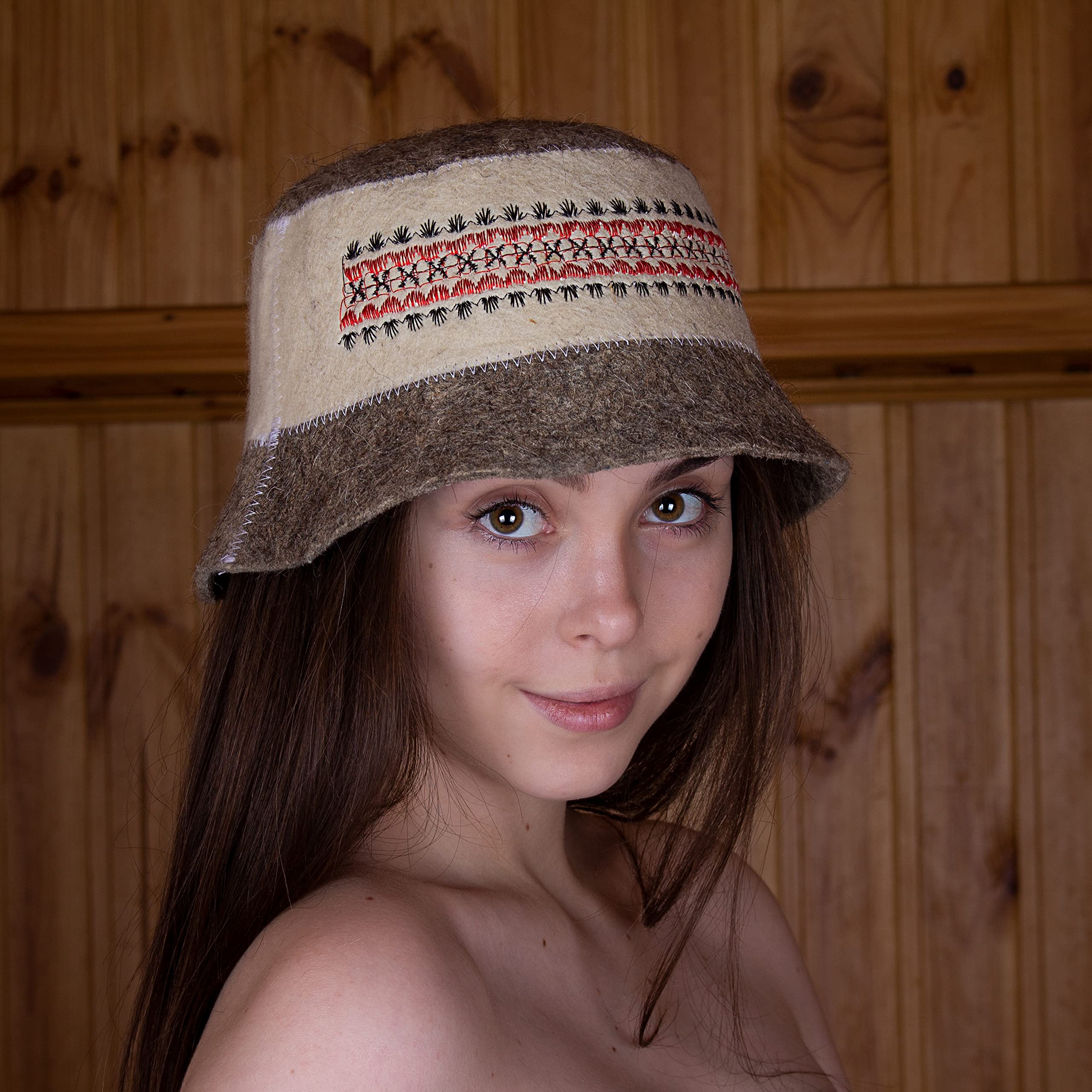 SHSH trade group Ukrainian Wool Sauna Hat Embroidered Ornament Vyshyvanka - Sauna Hat Finnish Ukraine Sauna Hat Wool Russian Banya Sauna Hat for Men Sauna Hats Beige and Gray